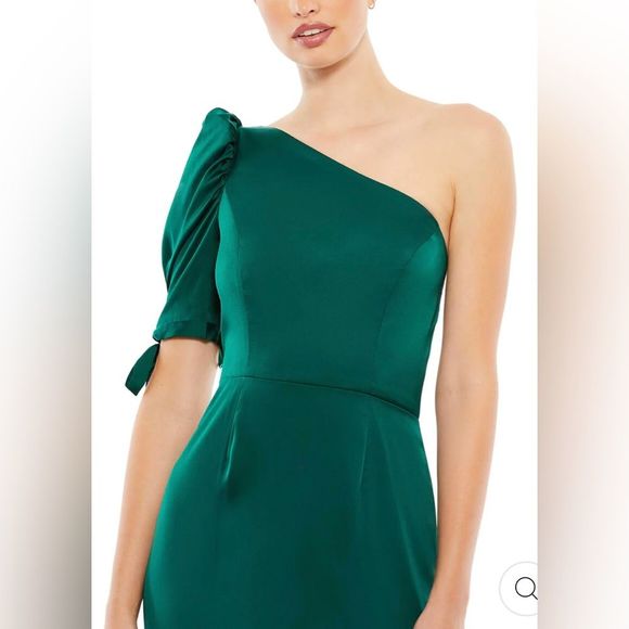 NWT Mac Duggal Satin One-Shoulder Puff Sleeve Trumpet Gown Deep Green - Size 16 - Picture 3 of 7